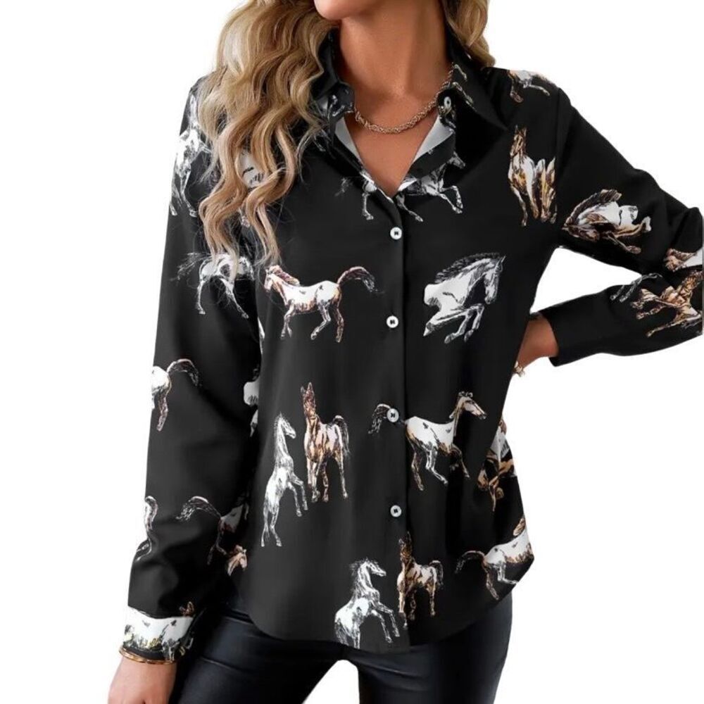 Button Up Horse Print Blouse XL Womens Black Western Casual Fashion Top New
